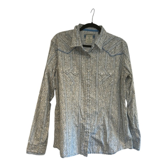 Panhandle Slim Tops - Panhandle Rough Stock Women’s Blue Collared Paisley Pearl Snap Sz Xl